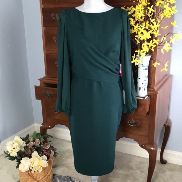 Vince Camuto Sheer Long Sleeve Stretch Crepe Sheath Dress Hunter Green Size 12 - Picture 2 of 13
